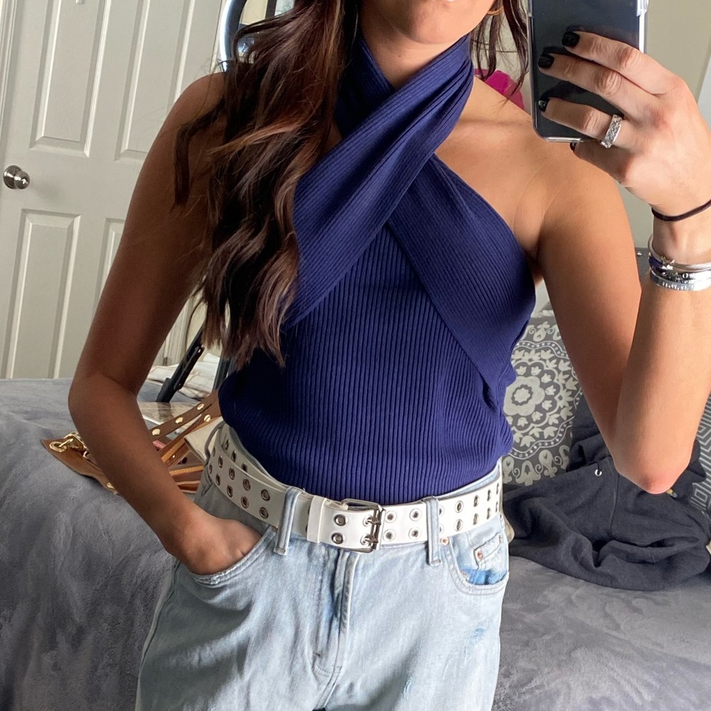 Topshop Navy Knit Halterneck Top